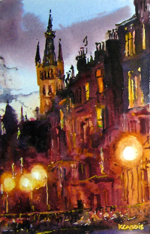 'Lamplit, Glasgow University from Gibson Street' by artist Karen Cairns